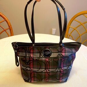 Coach Tartan plaid  tote bag logo glitter leather and canvas designer